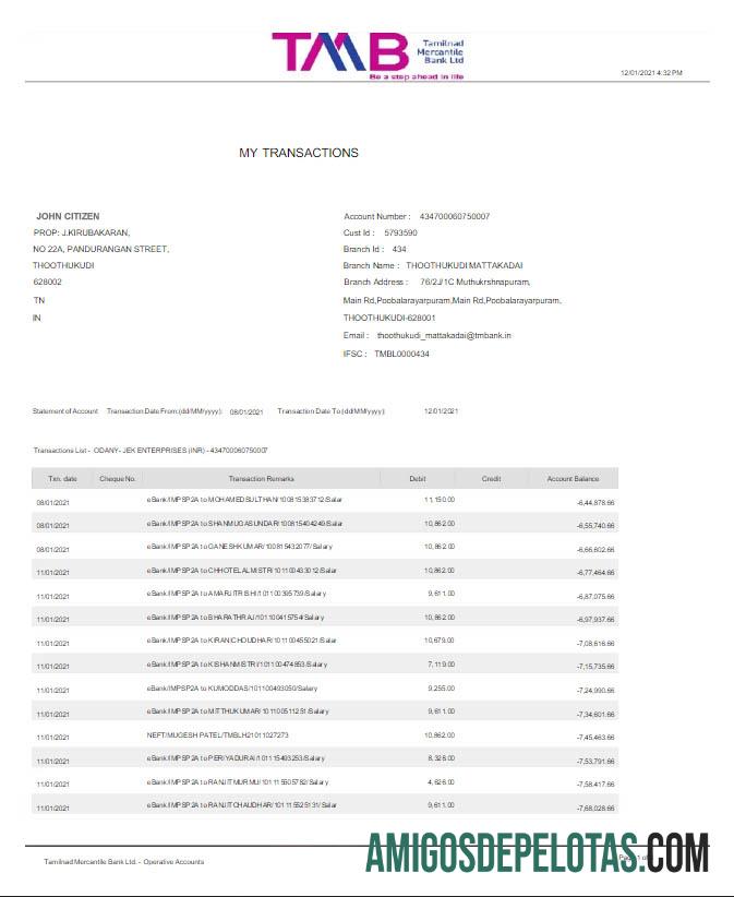 em branco Índia TAB Extrato bancário Word e PDF modelo Scr
